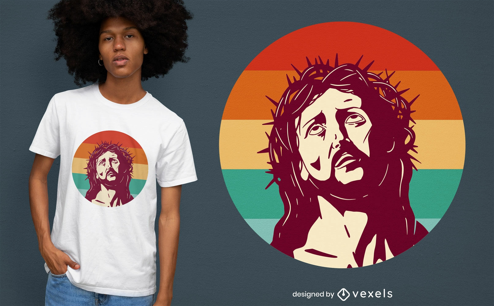 Jesús en el diseño retro de la camiseta de la puesta del sol