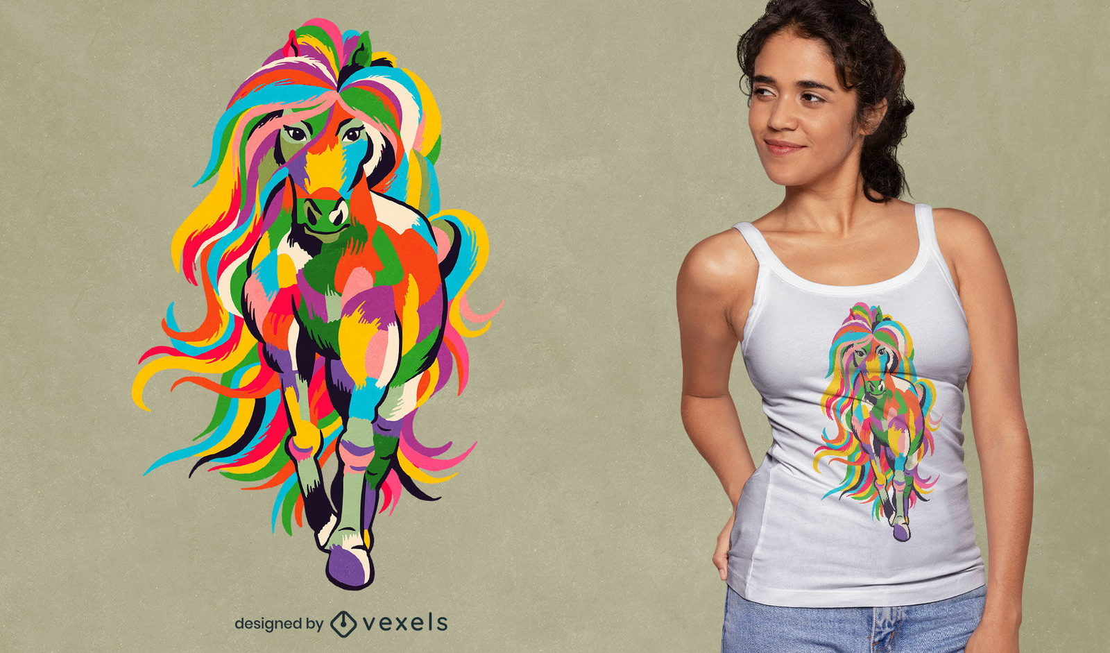 Caballo con diseño de camiseta de pelo colorido.