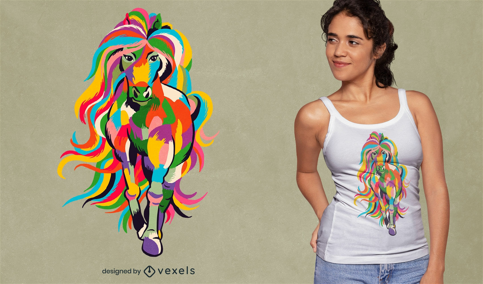 Cavalo com design colorido de camiseta de cabelo