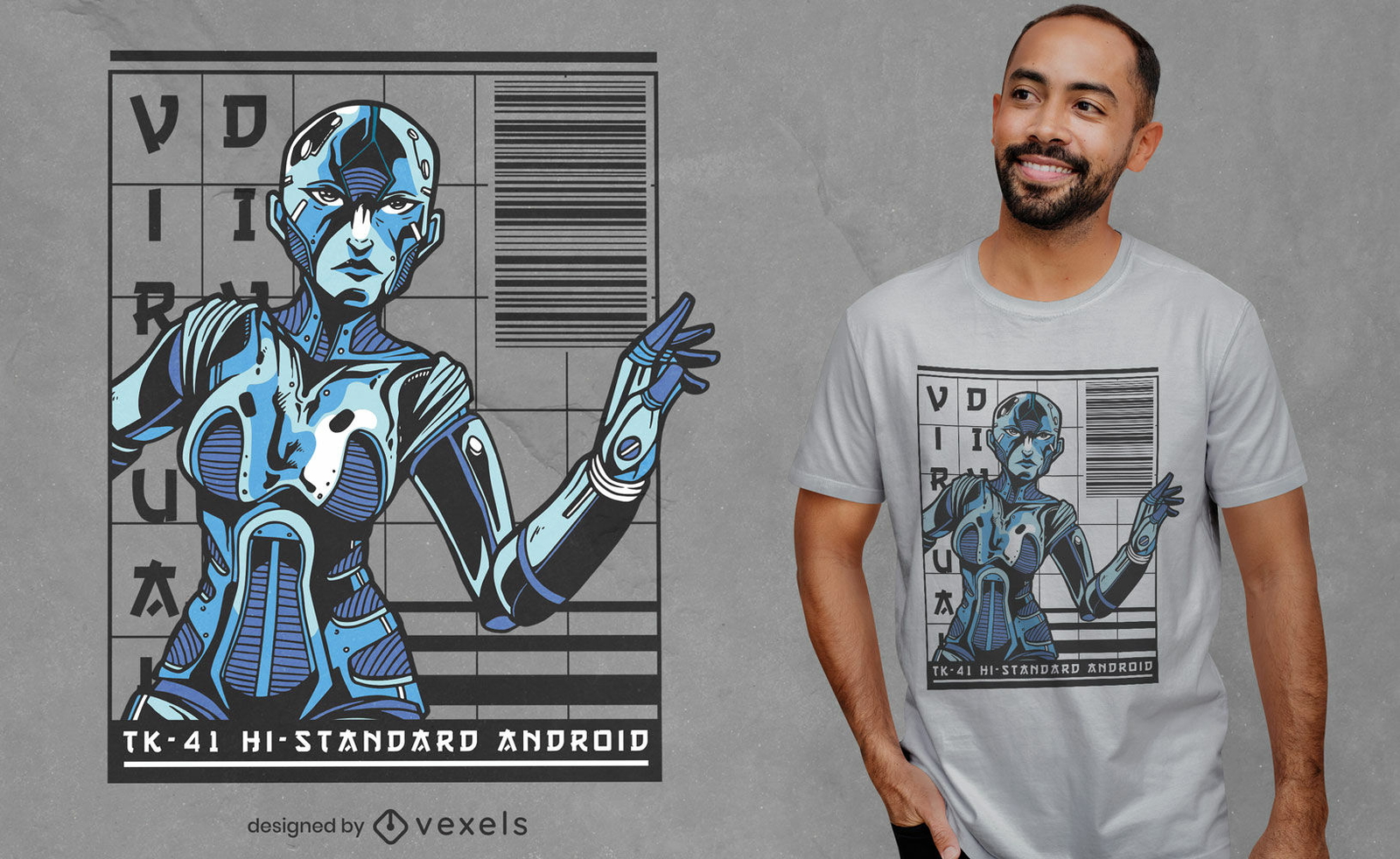 Robô feminino com design futurista de camiseta