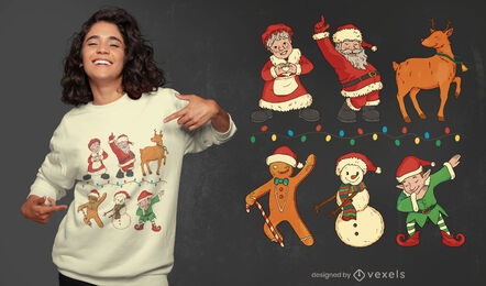 Personajes navideños bailando diseño de camiseta.