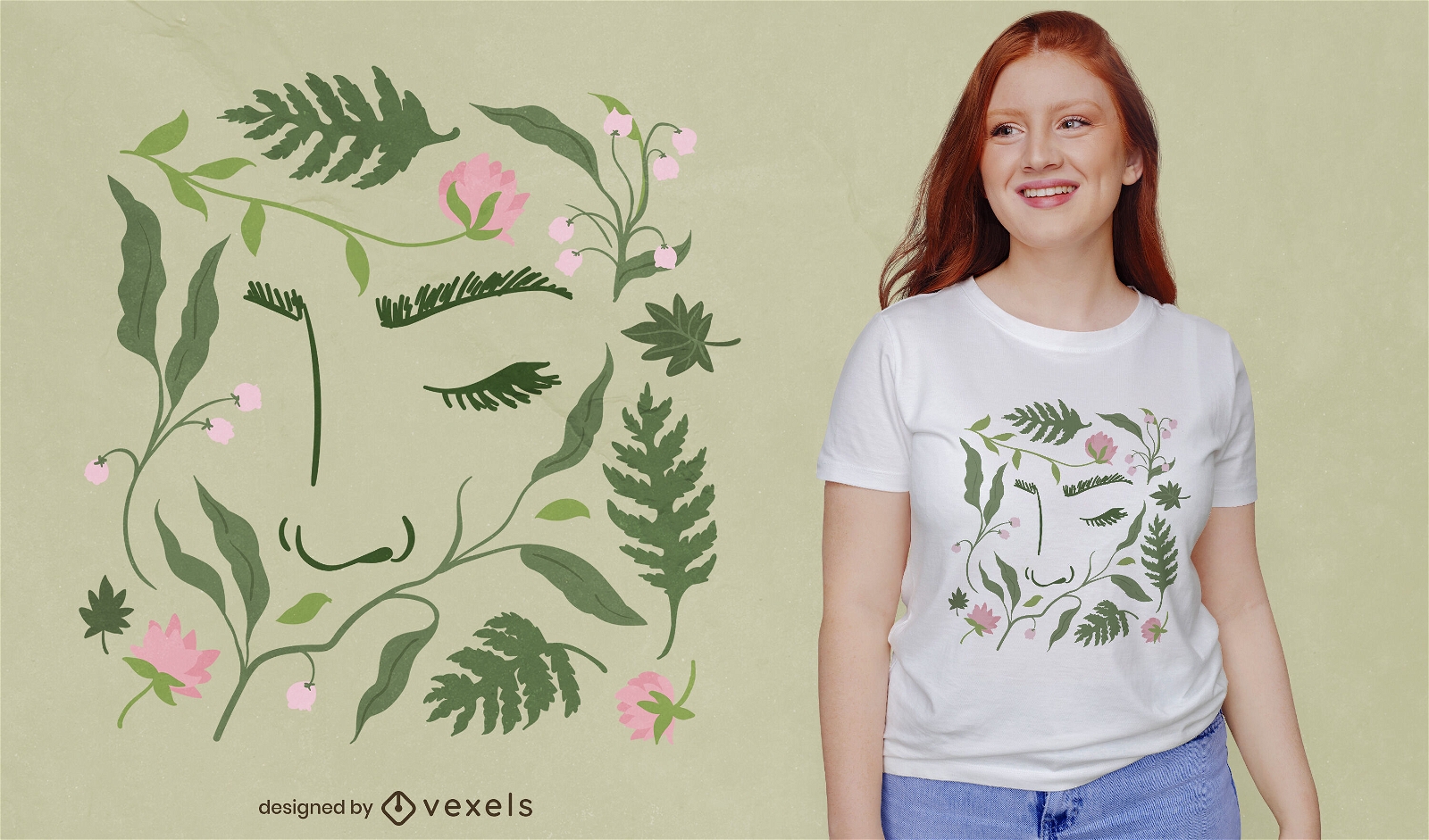 Rosto em plantas natureza design de t-shirt