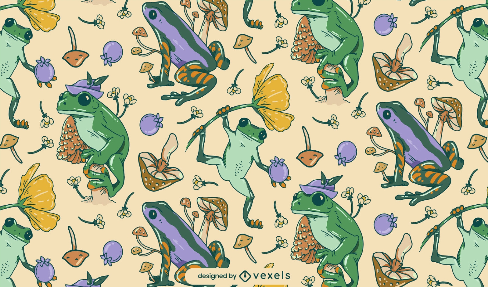 Diseño de patrón floral de ranas lindas