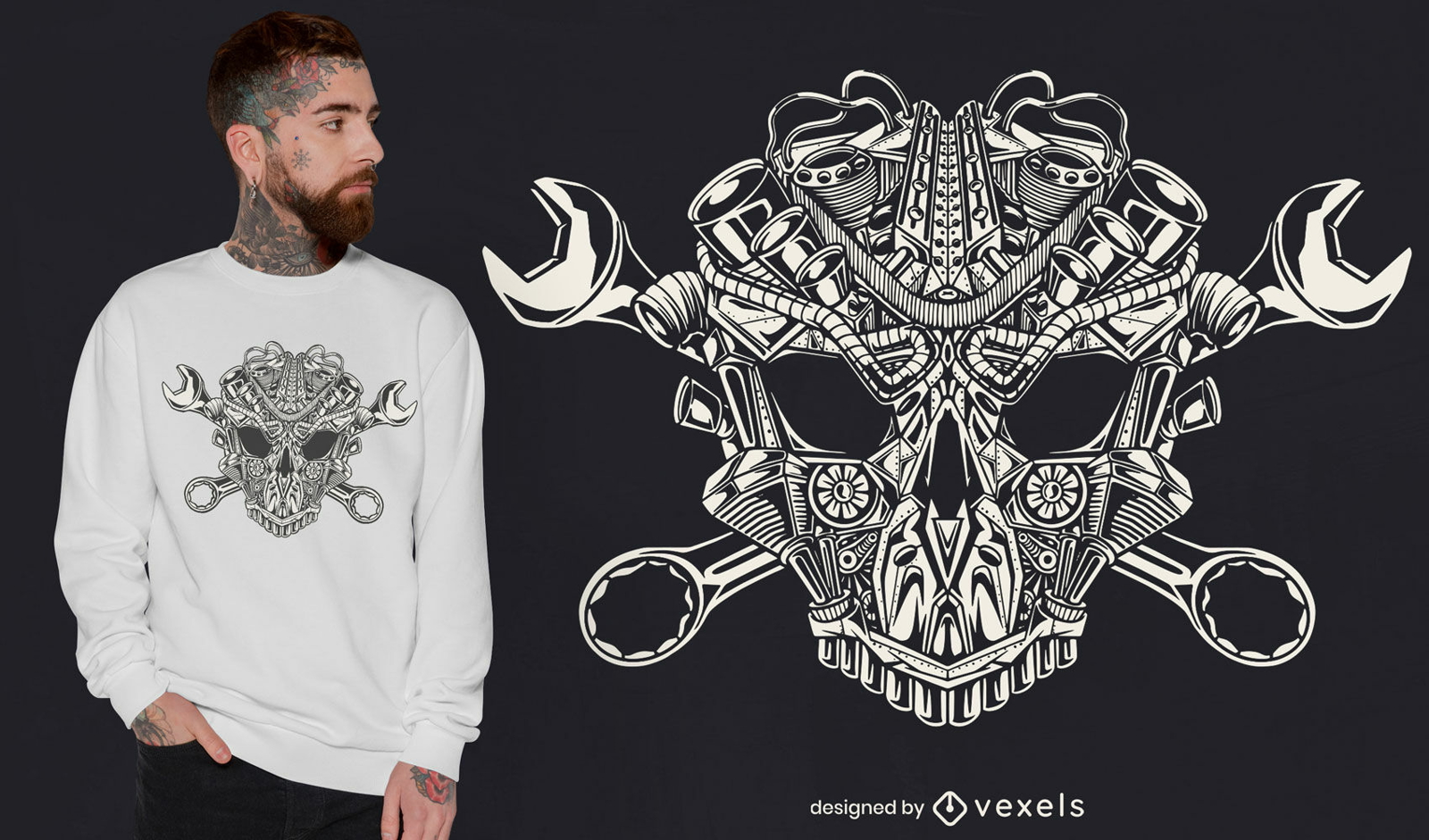Grunge tools skull t-shirt design