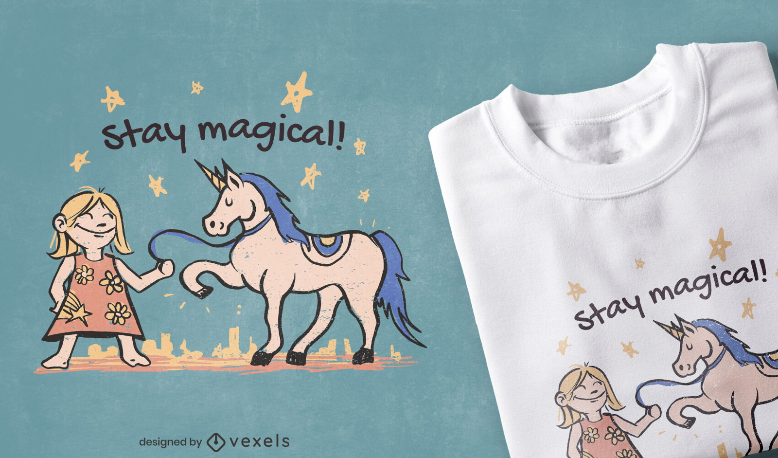 Niña con diseño de camiseta de unicornio.