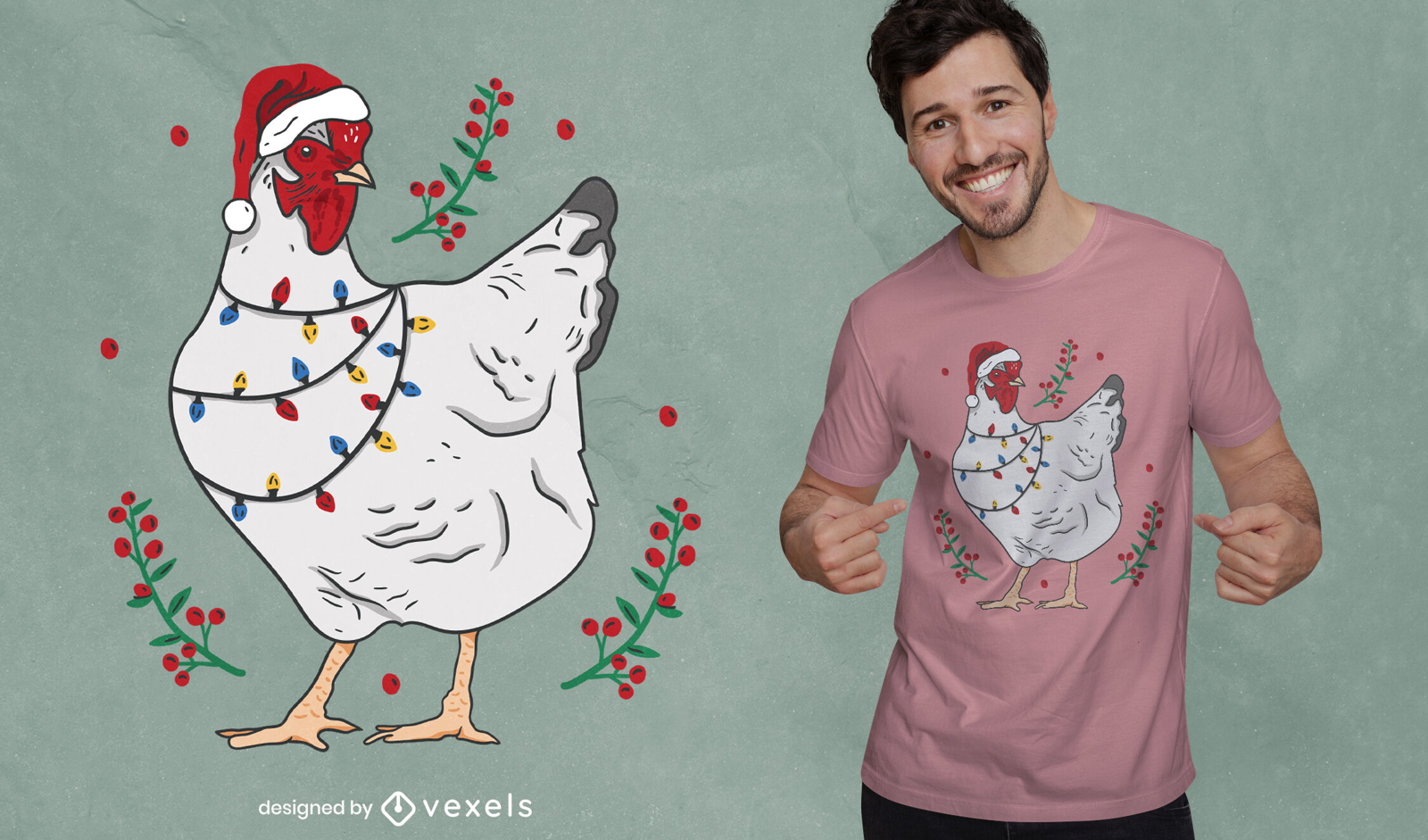 Design de t-shirt com luzes de natal e frango