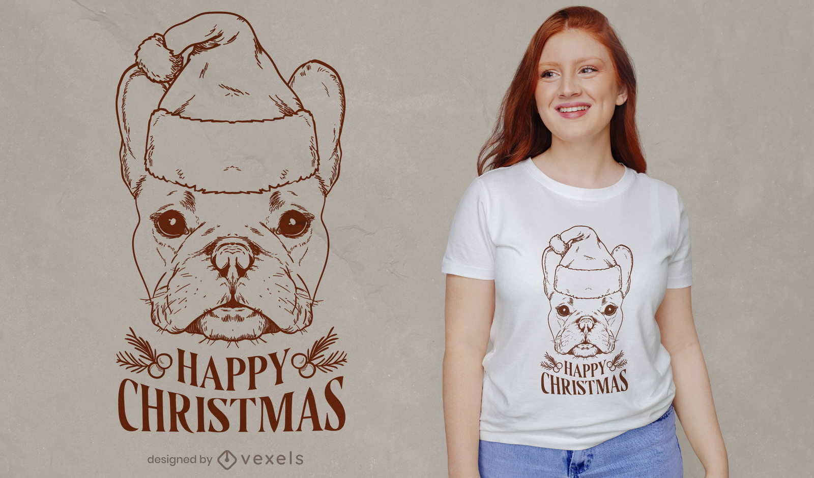 Diseño de camiseta animal bulldog navideño.