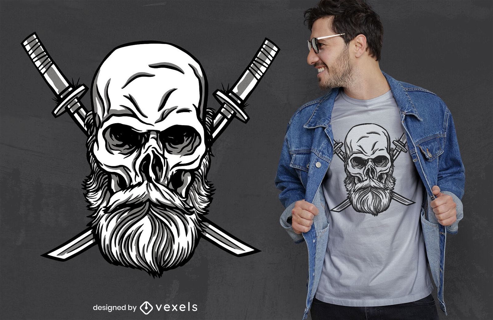 Crânio com design de t-shirt de espadas duplas