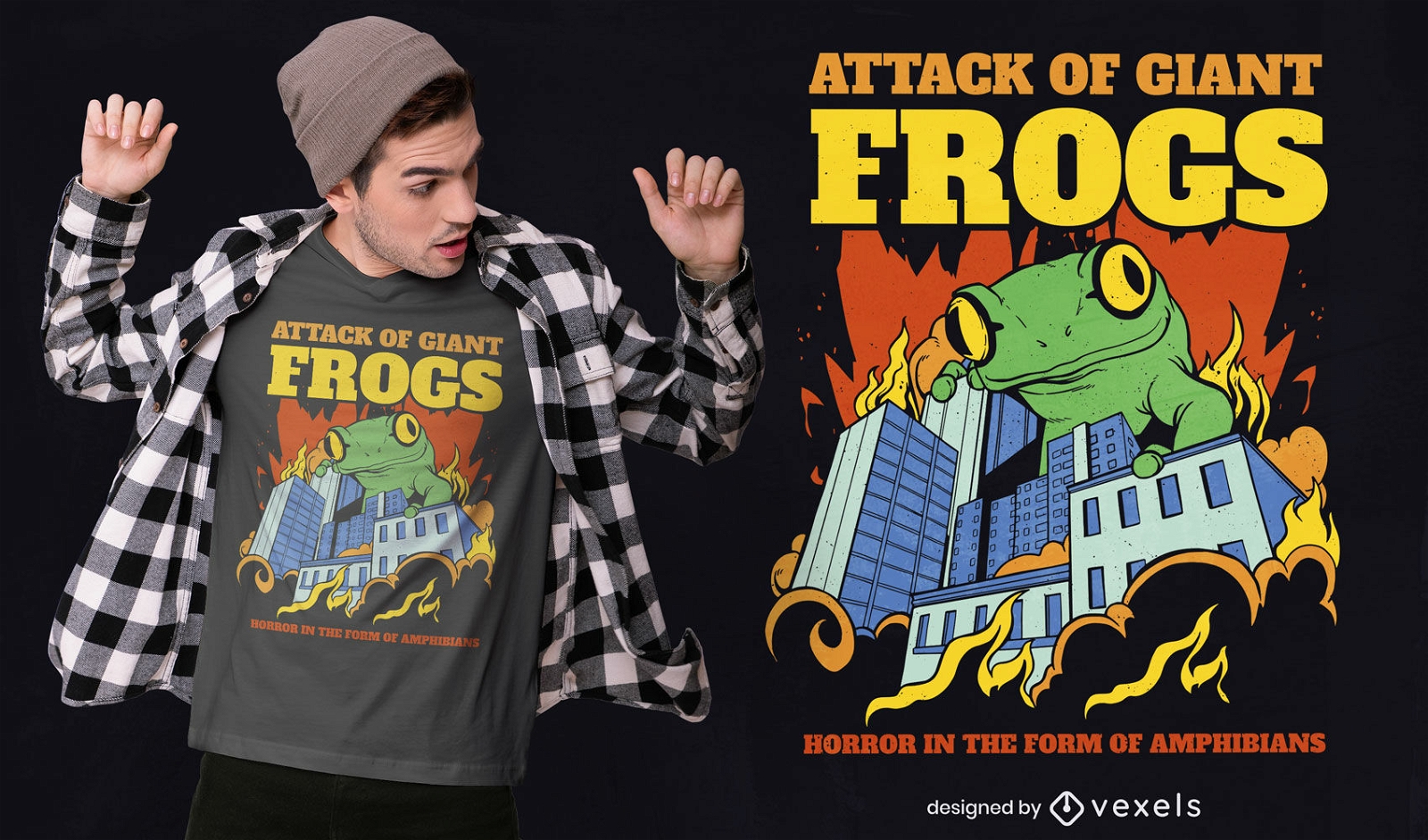 Diseño de camiseta de rana gigante atacando ciudad.
