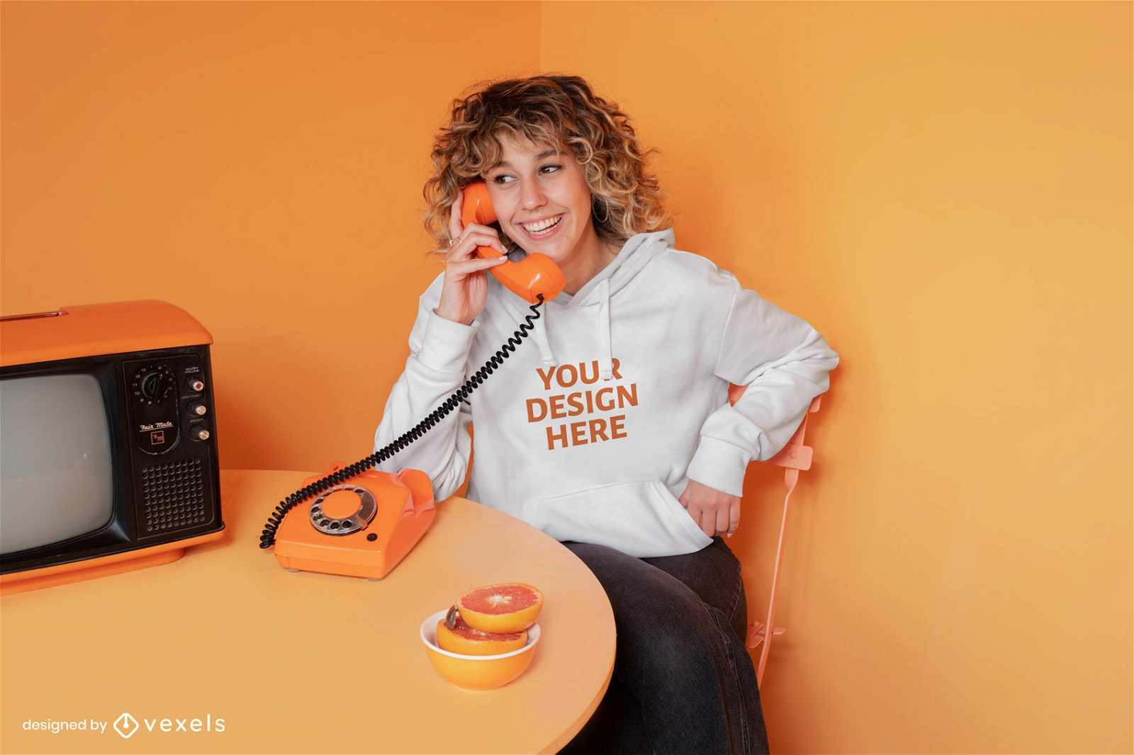 Woman talking on telephone hoodie mockup