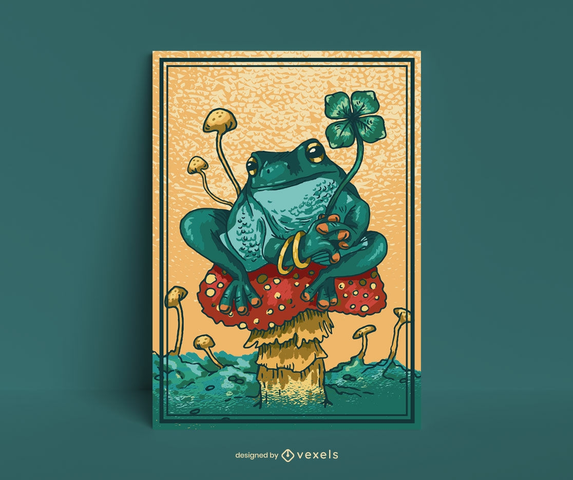 Diseño de cartel de ranas y setas.