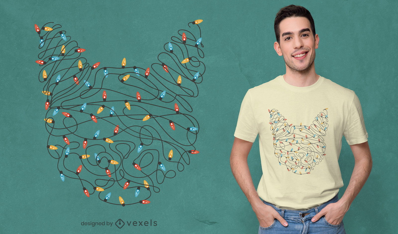 Diseño de camiseta de luces navideñas de gato.