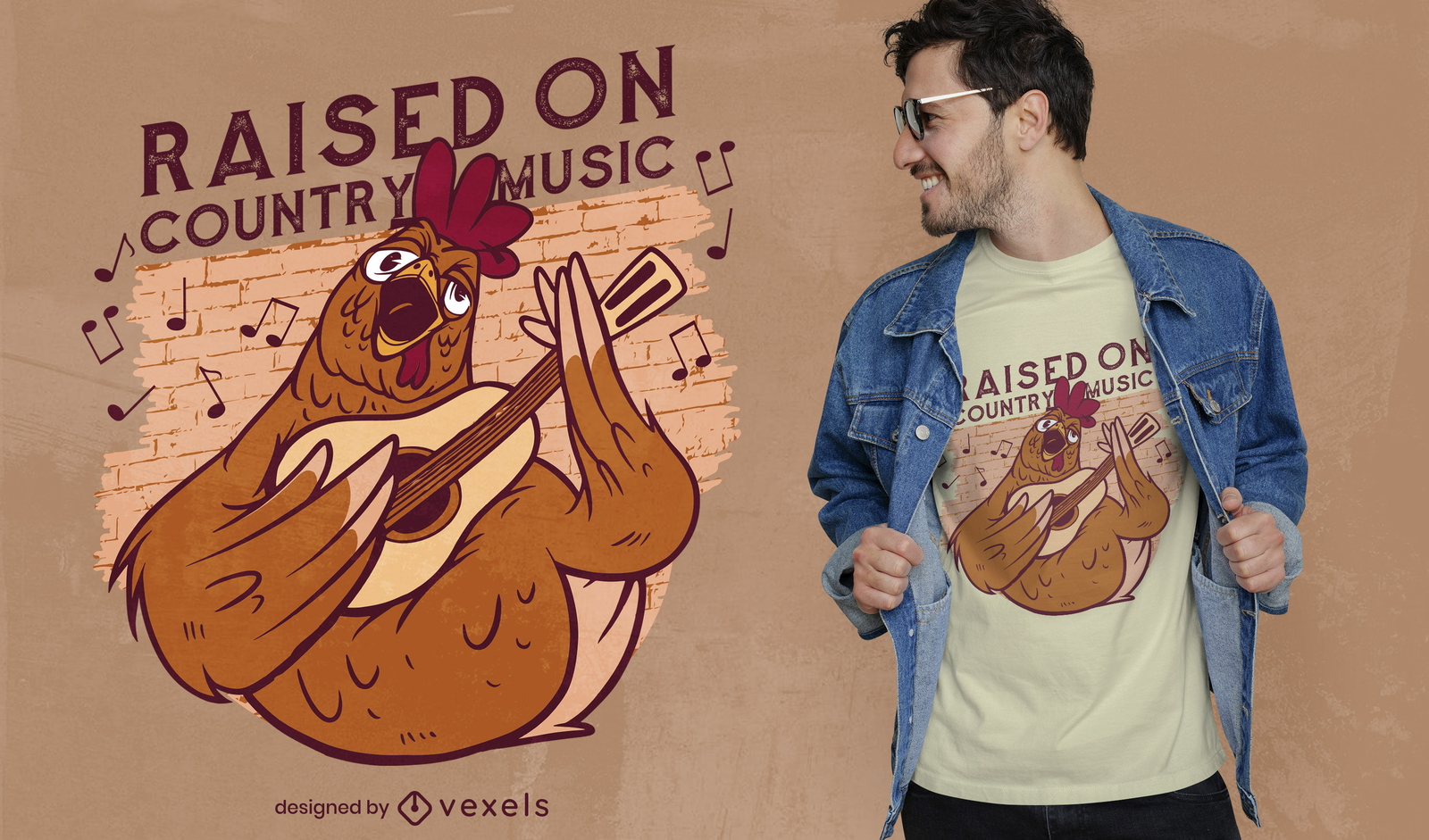 Diseño de camiseta de pollo con guitarra.