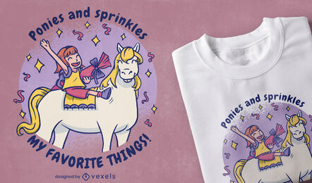 Glückliches Mädchen, das Einhorn-T-Shirt-Design reitet