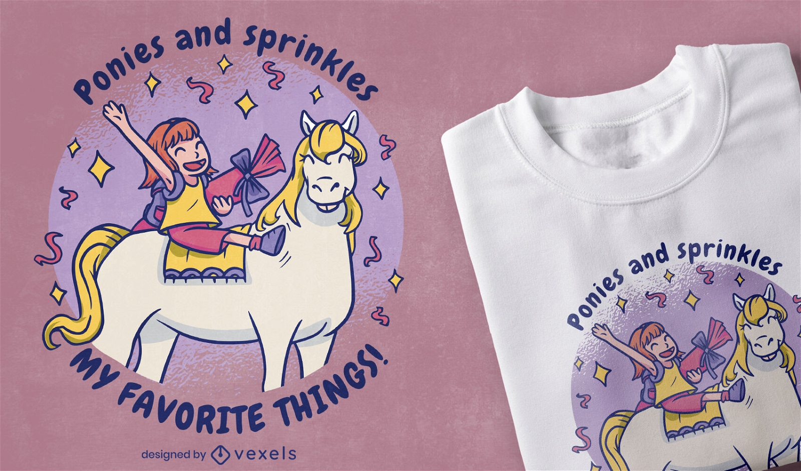 Diseño de camiseta de niña feliz montando unicornio