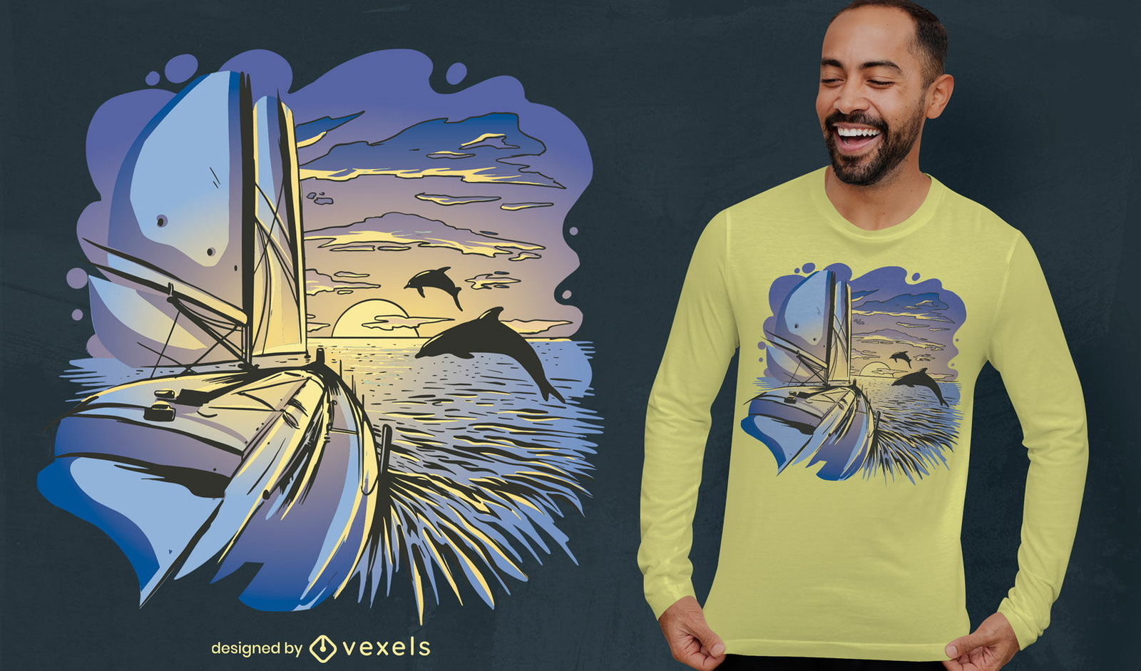 Diseño de camiseta de delfines y barco.