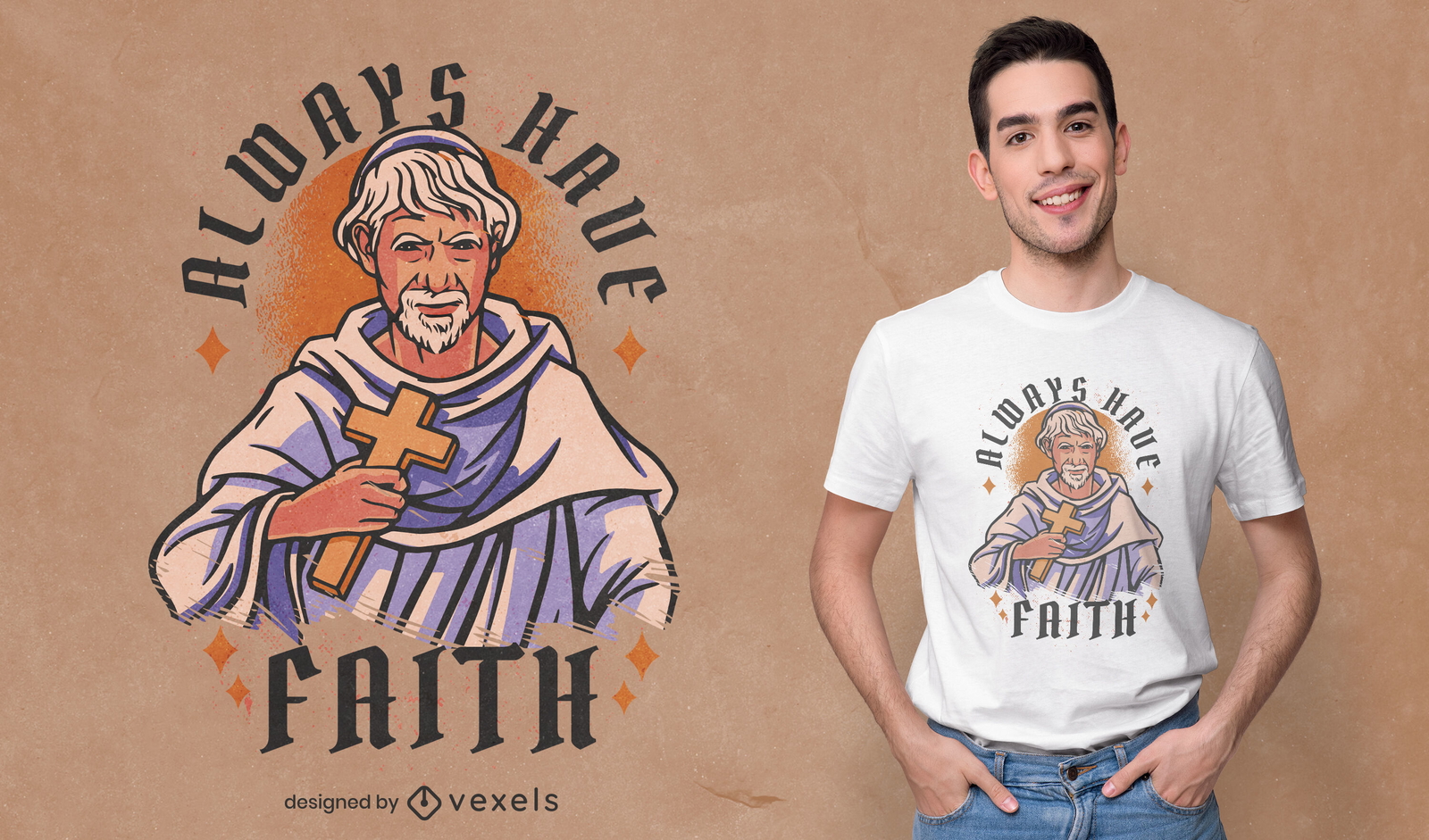 Hombre religioso con diseño de camiseta cruzada.