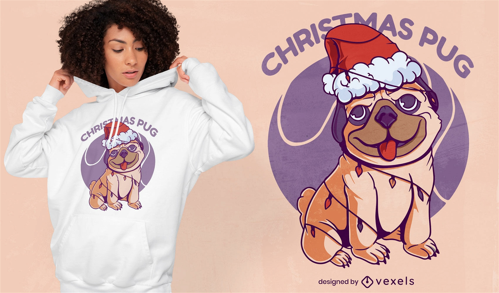 Diseño de camiseta animal perro pug navideño.