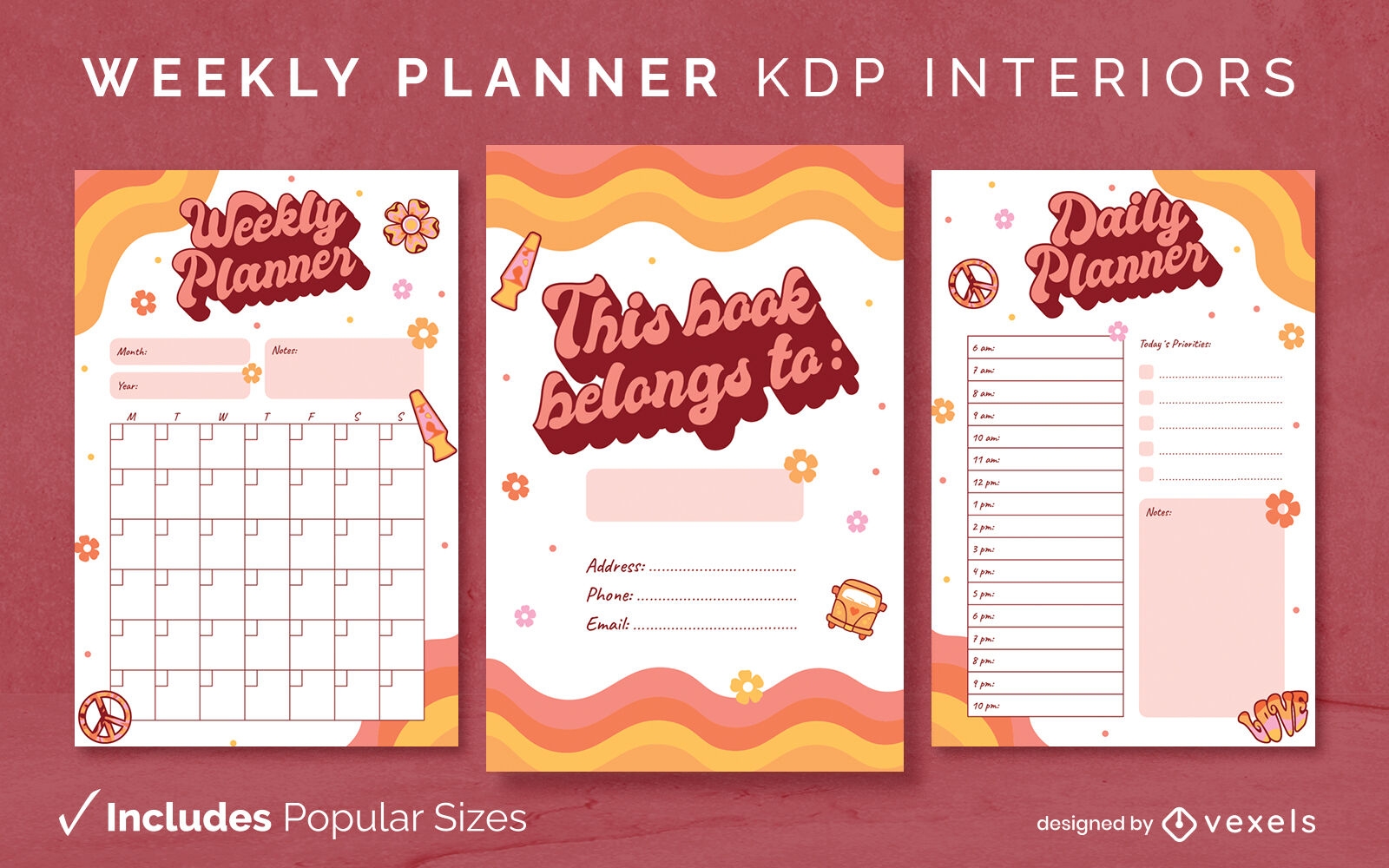 Retro hippie planner design template KDP