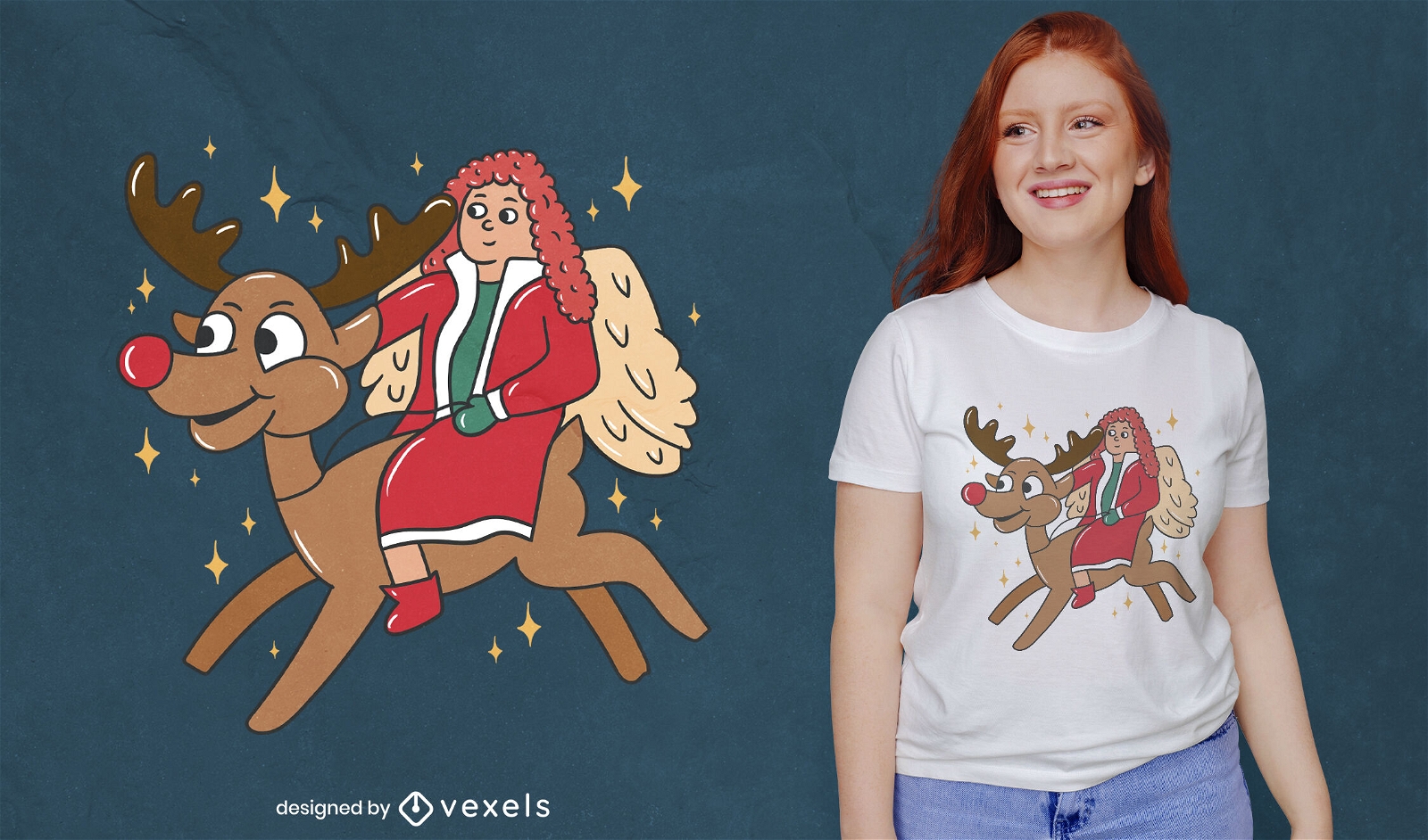 Design de t-shirt com anjo de Natal a montar renas