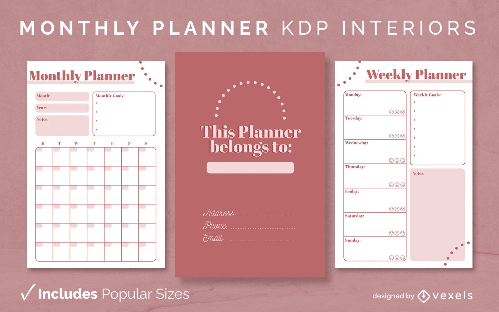 Modelo de planejador mensal rosa KDP design de interiores