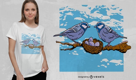 Blaue Vögel mit Nest-T-Shirt-Design