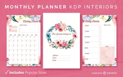 Modelo de design de diário de planejador mensal floral KDP