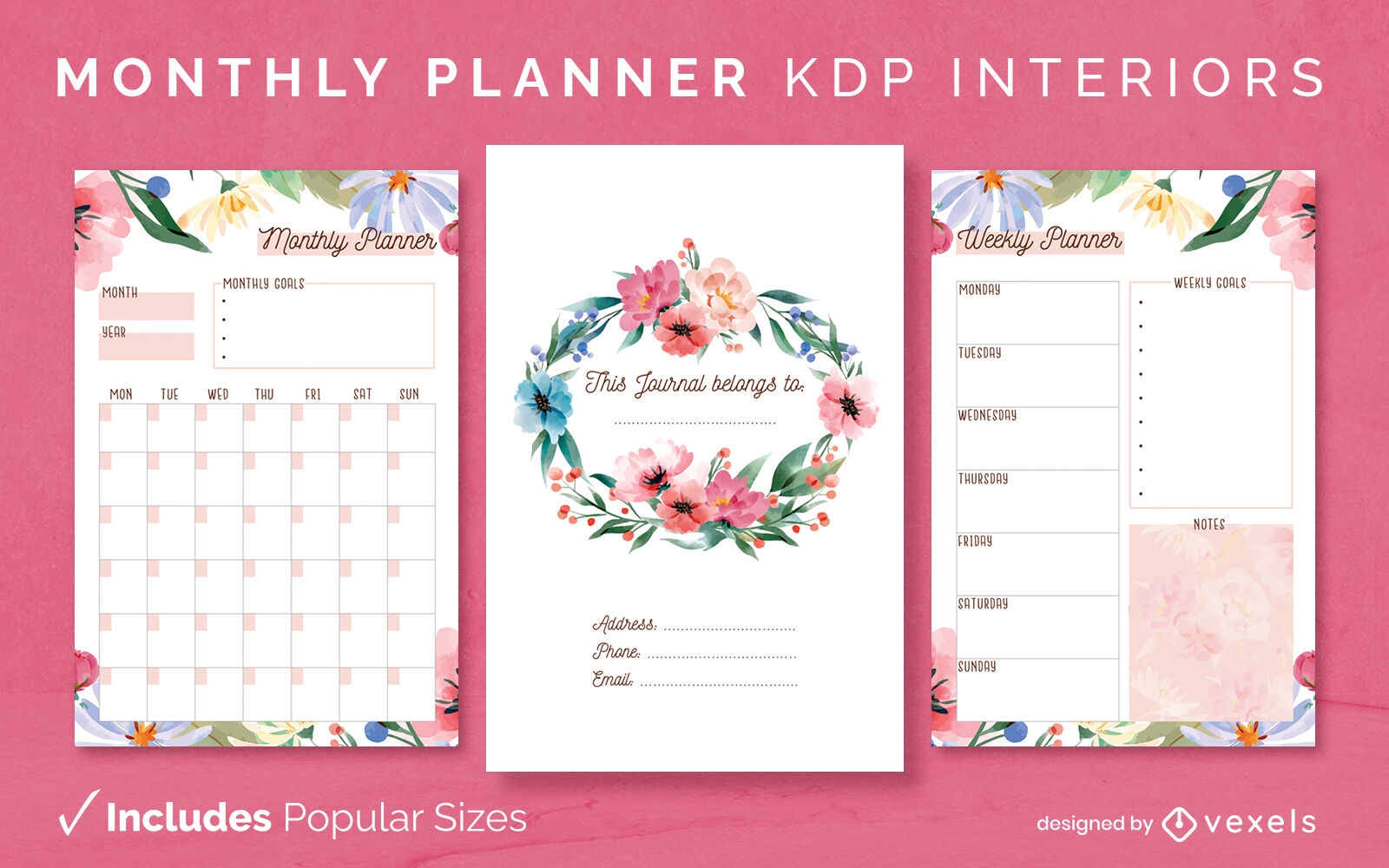 Floral monthly planner diary design template KDP