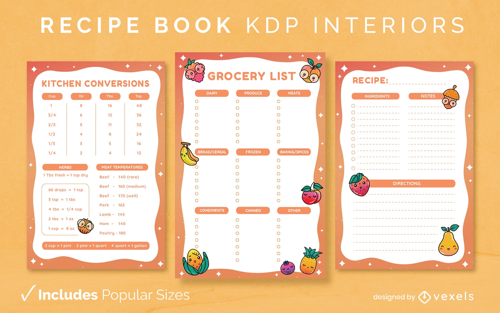 Kawaii fruit recipe book design template KDP