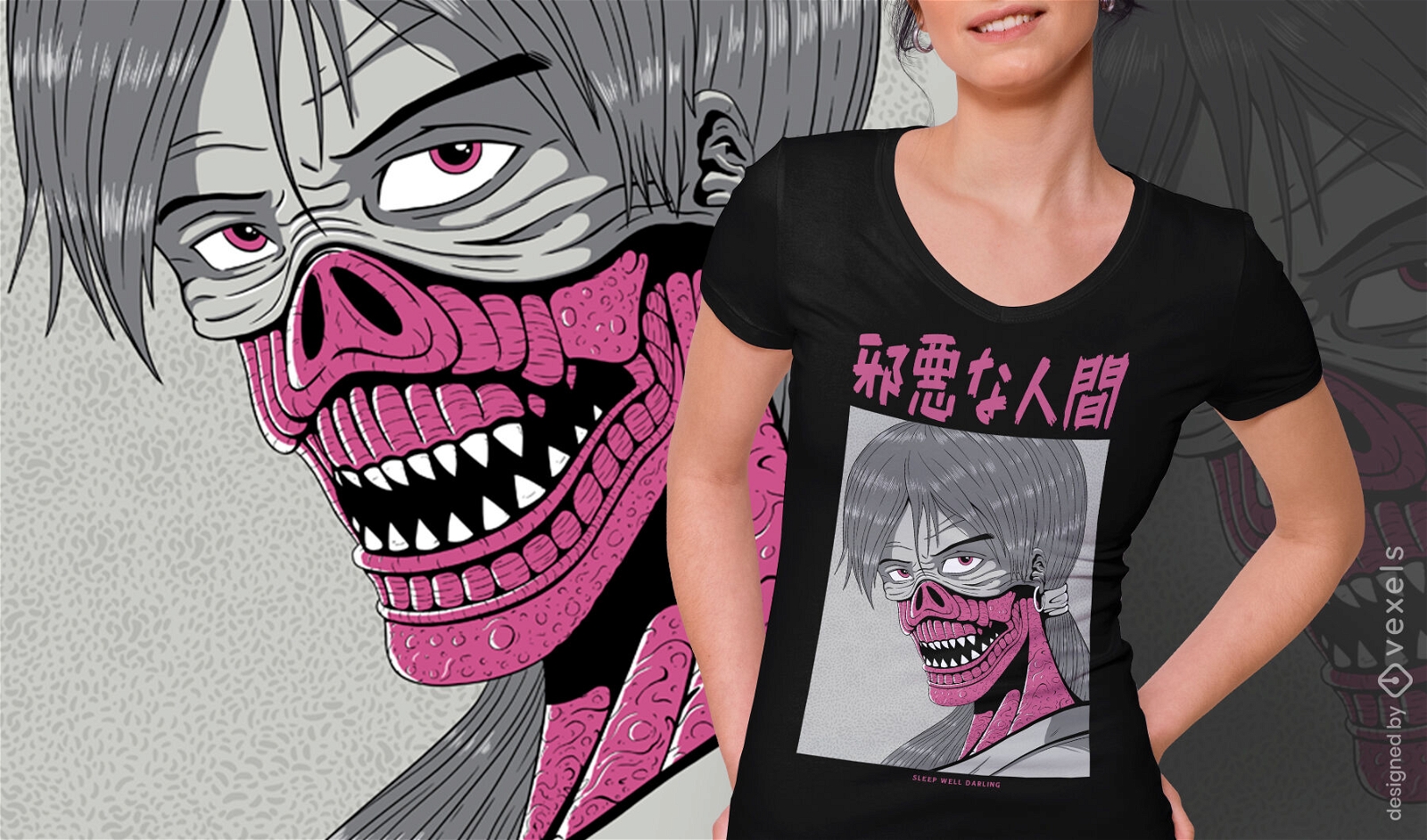 Camiseta de anime escuro de criatura maligna japonesa psd