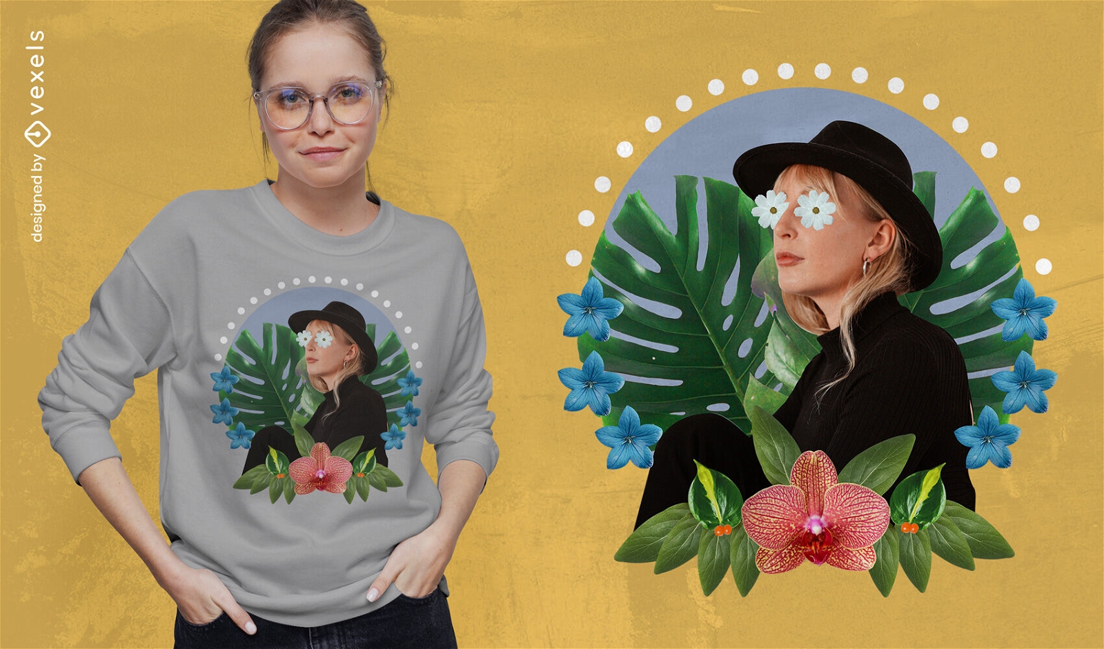 Mujer con sombrero y camiseta de flores psd