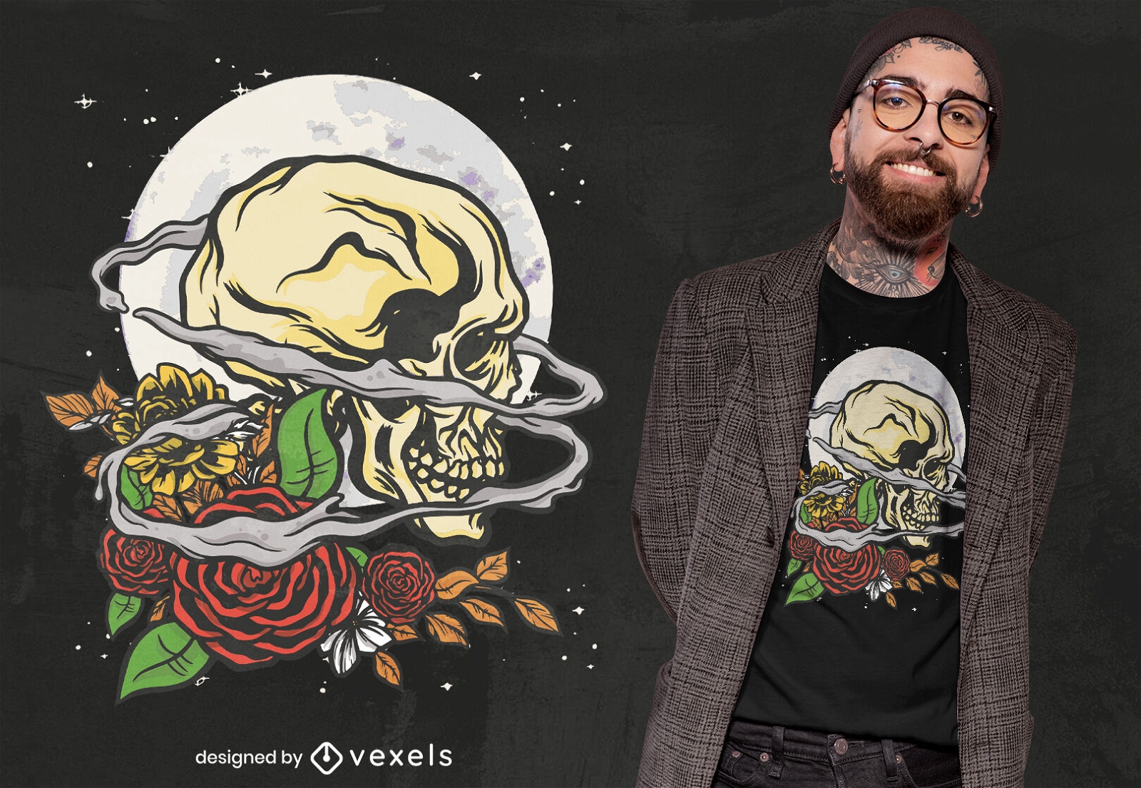 T-Shirt-Design mit Totenkopf und Rosen