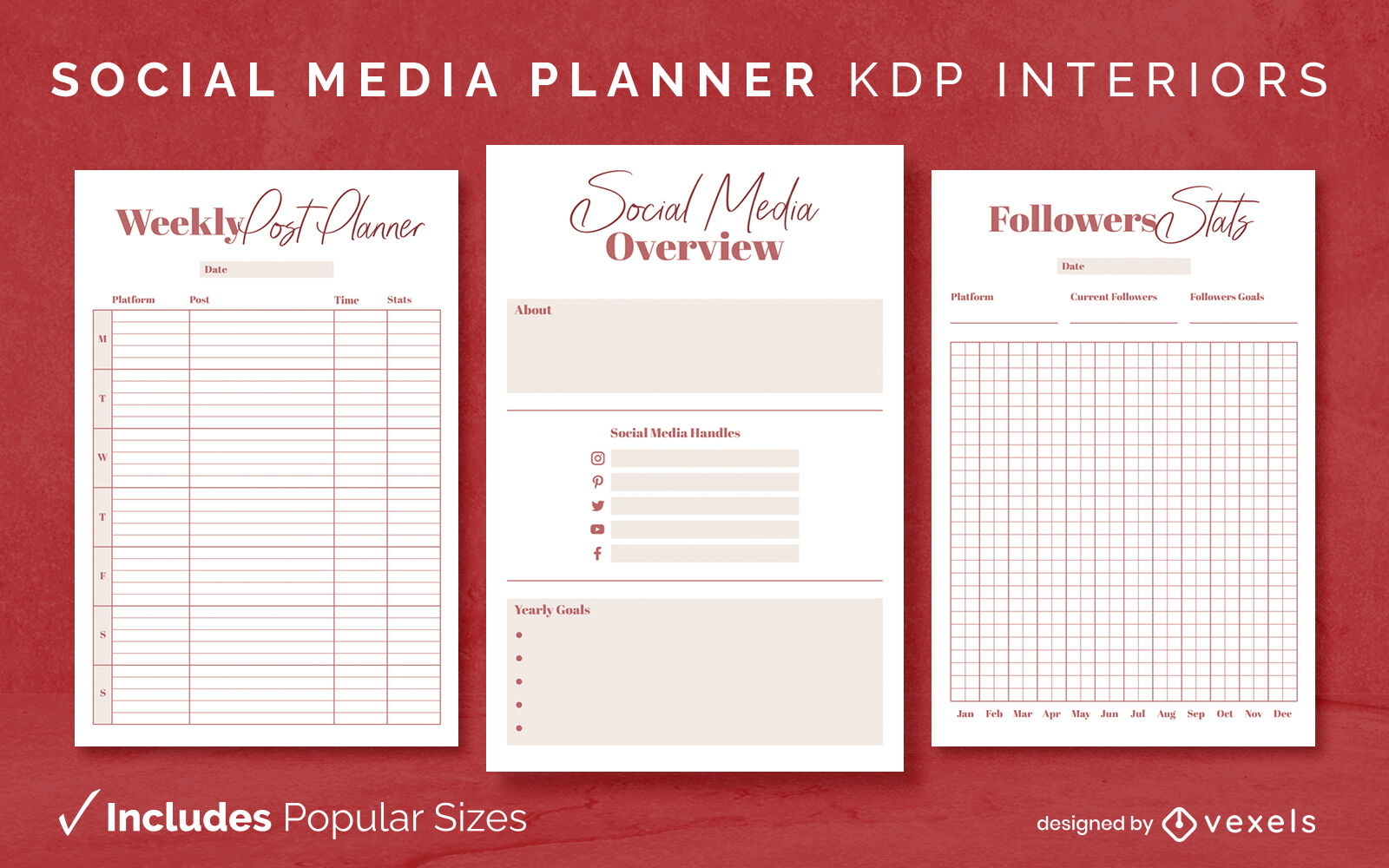 Modelo de design vermelho do planejador de mídia social KDP