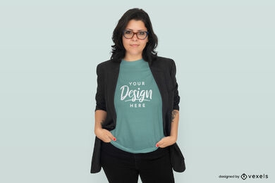 Woman with glasses and blazer t-shirt mockup