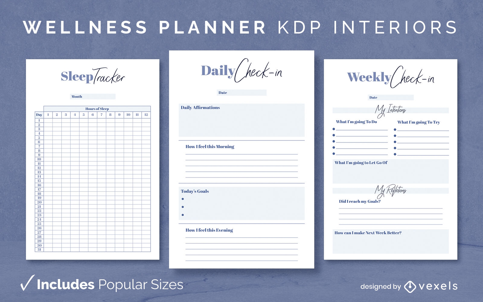 Wellness planner blue diary design template KDP