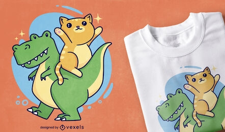 Diseño de camiseta de t-rex y gatito.