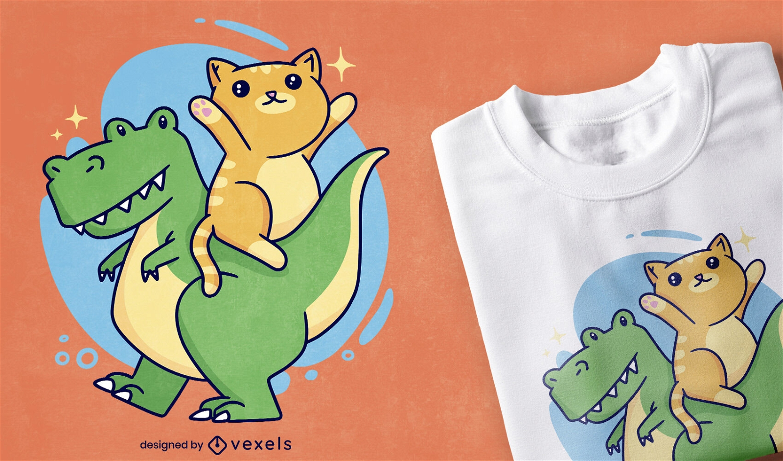 Design de camisetas T-rex e gatinhos
