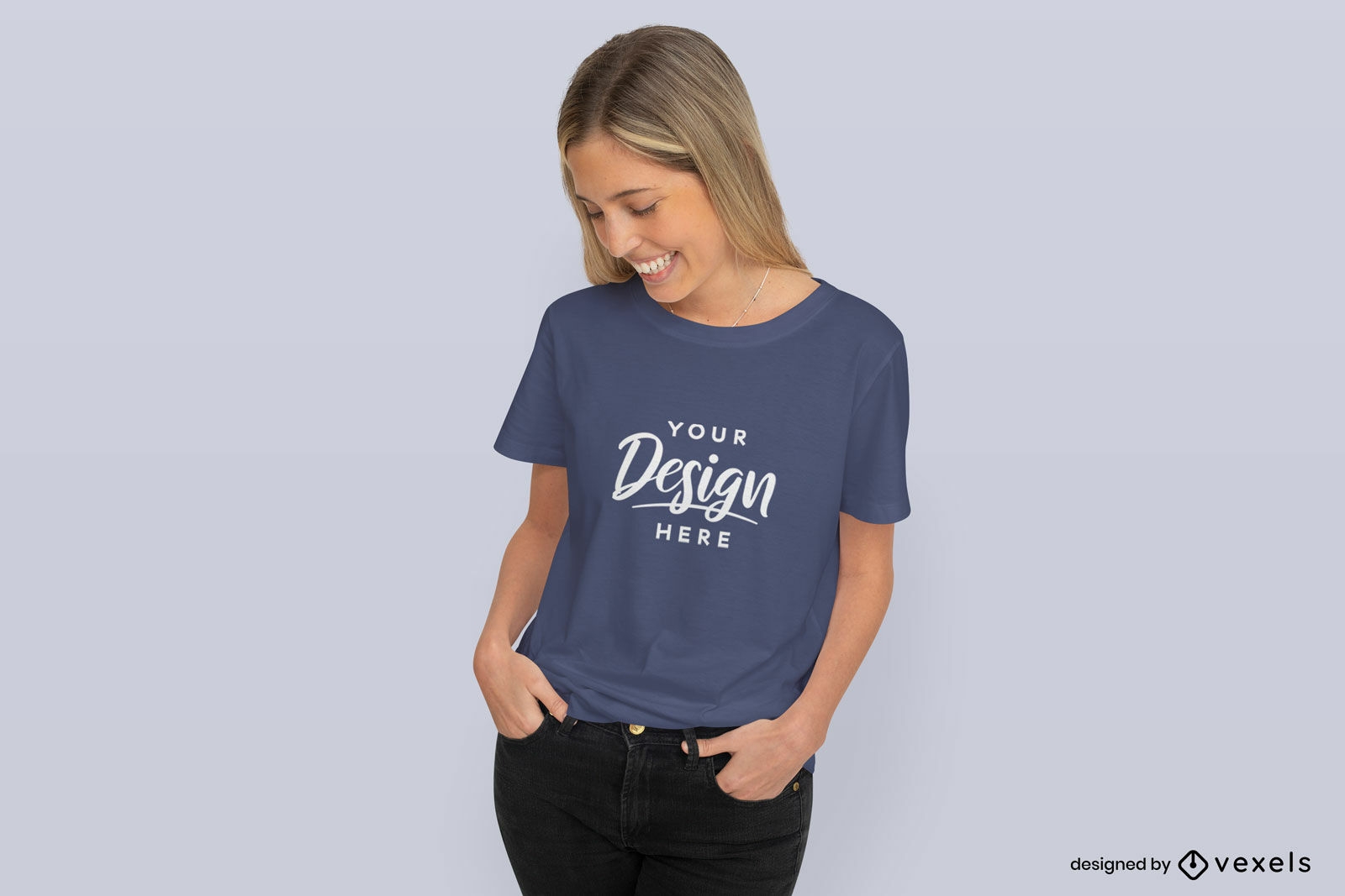 Blonde girl with hands in pocket t-shirt mockup