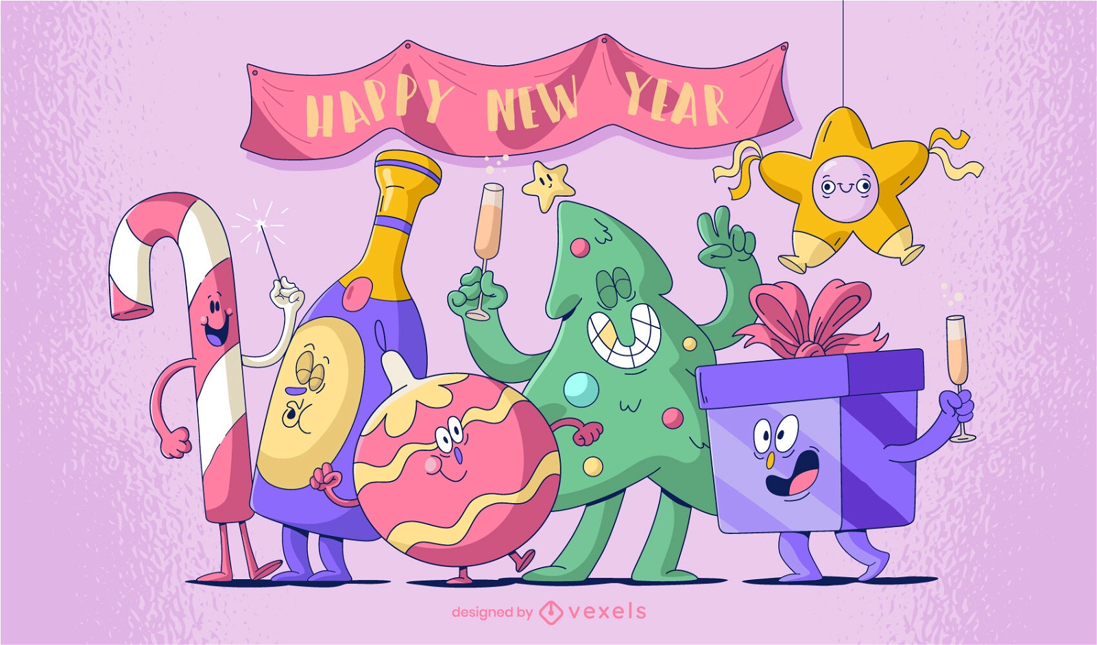 Feliz año nuevo decoraciones de dibujos animados