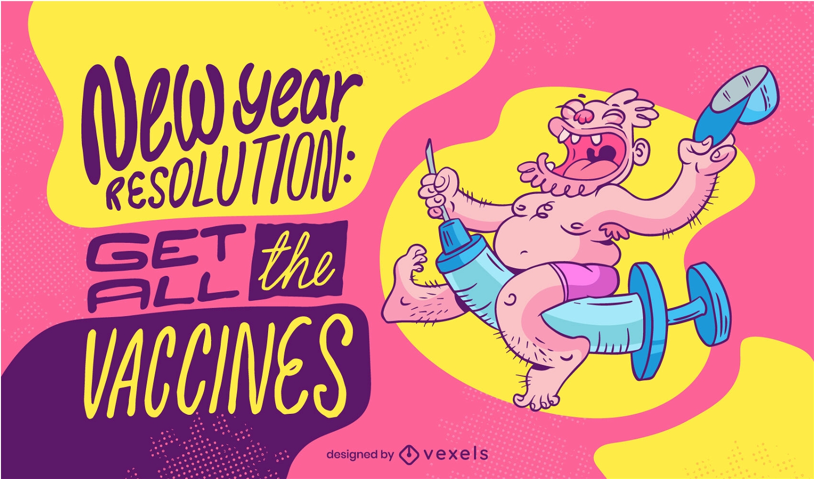 Homem voando em uma ilustração de ano novo com vacina