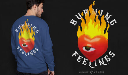 Heart with giant eye on fire t-shirt psd