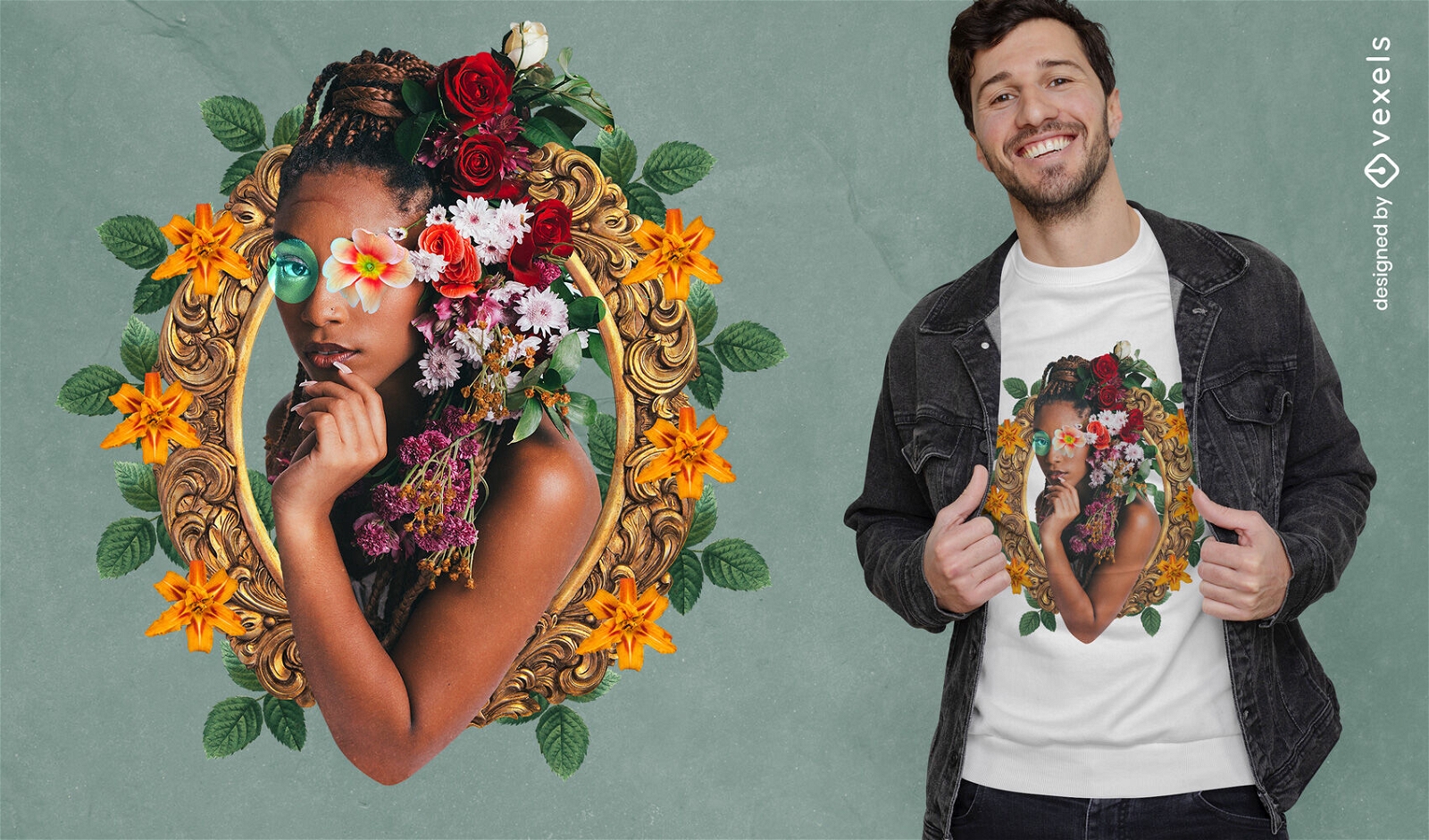 Woman with tropical flowers t-shirt psd