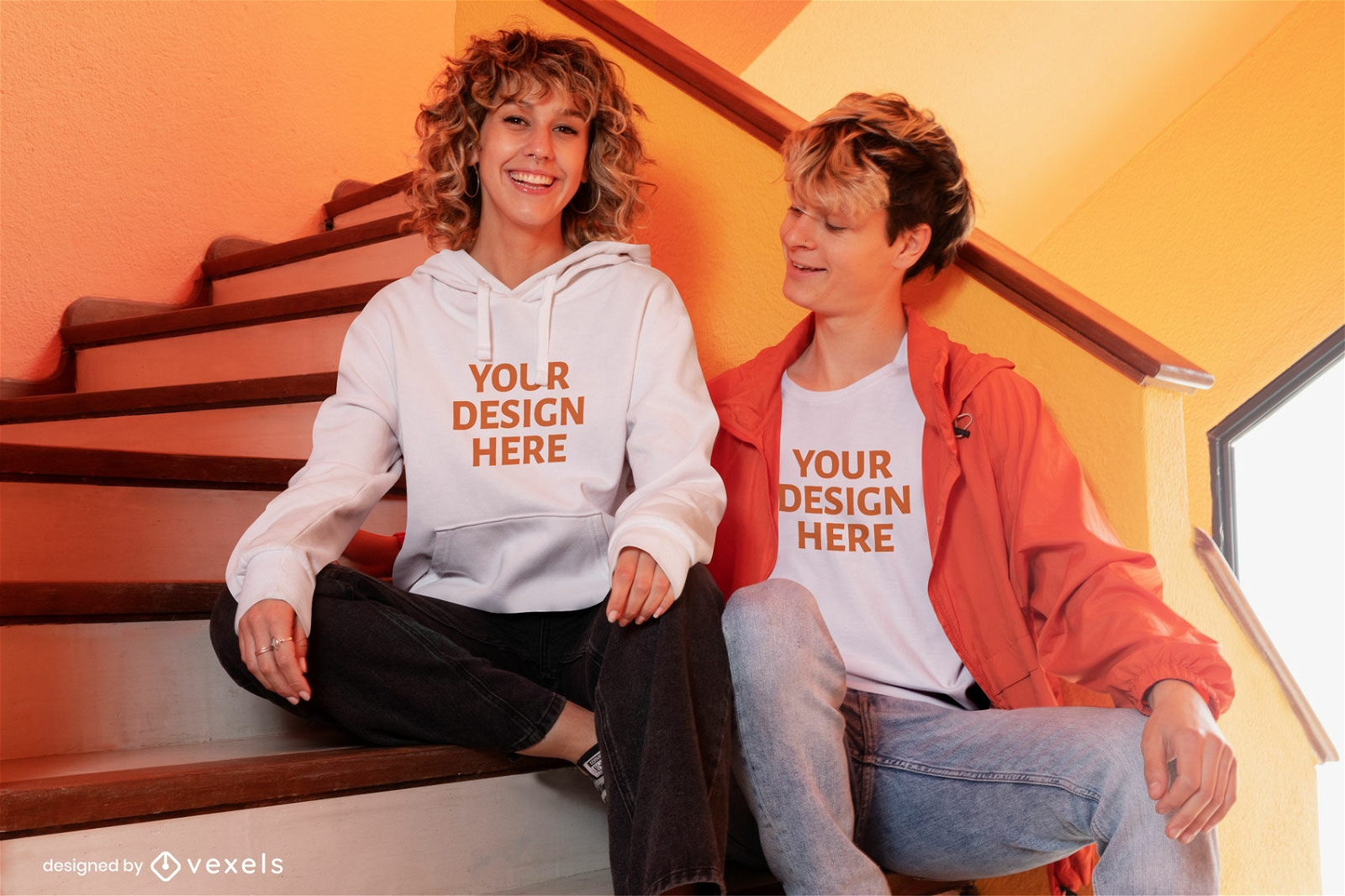 Man and woman in stairs t-shirt and hoodie mockup