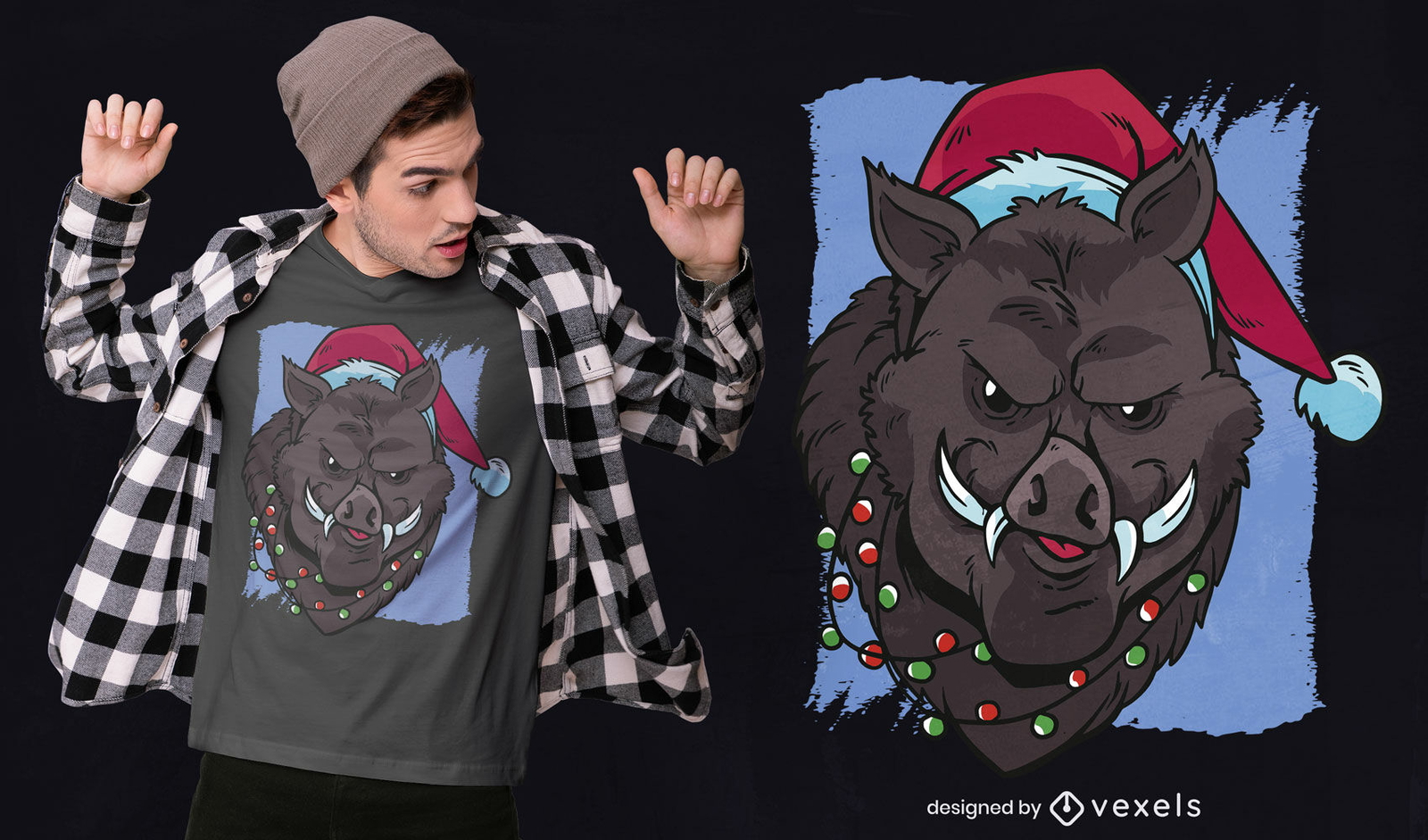 Diseño de camiseta de animal de jabalí navideño.