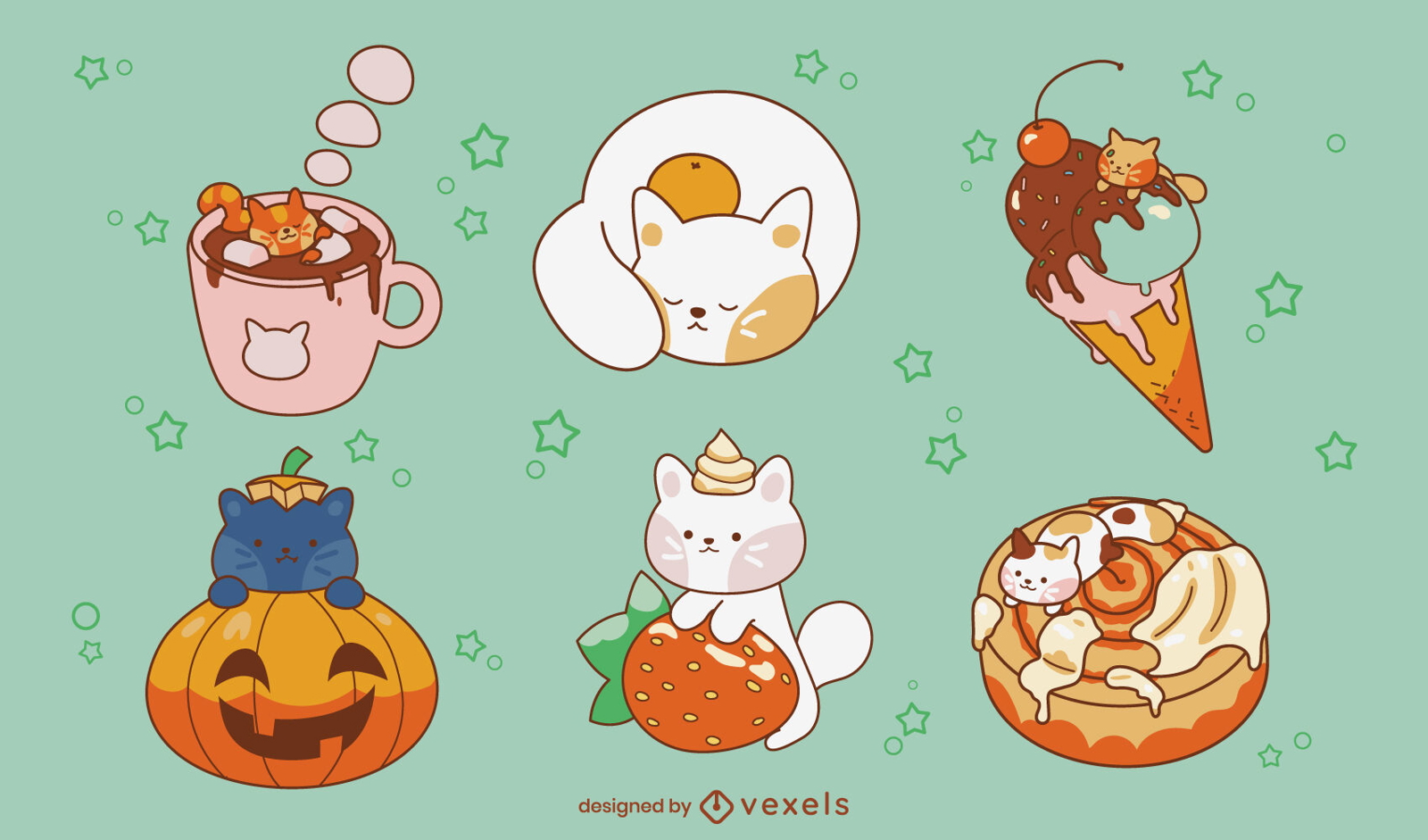 Cute cat animals and sweet food character set