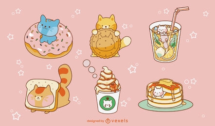 Conjunto de caracteres de doces e animais de gato fofos