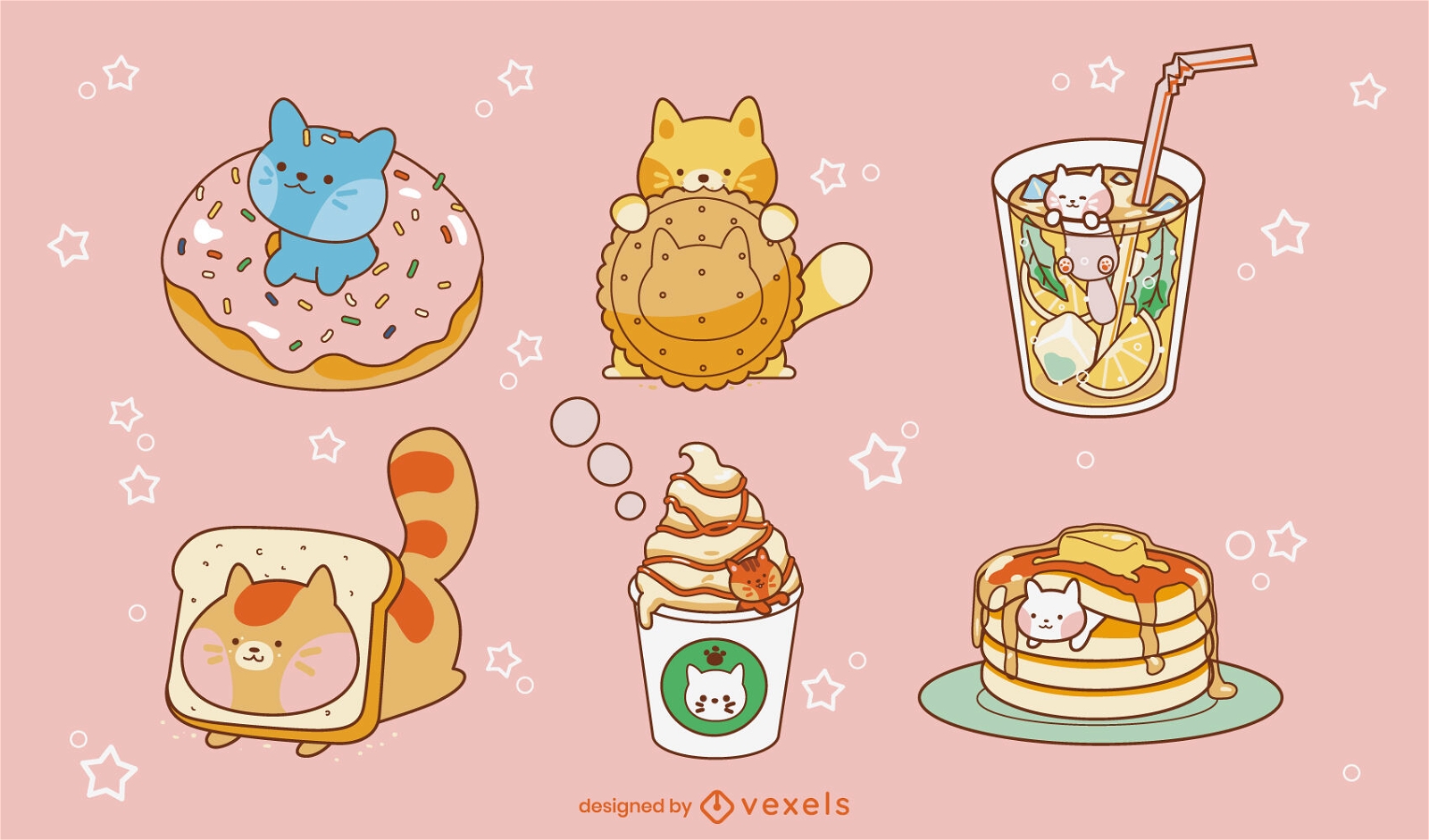 Niedlicher Katzen-Tiere und Süßigkeiten-Zeichensatz