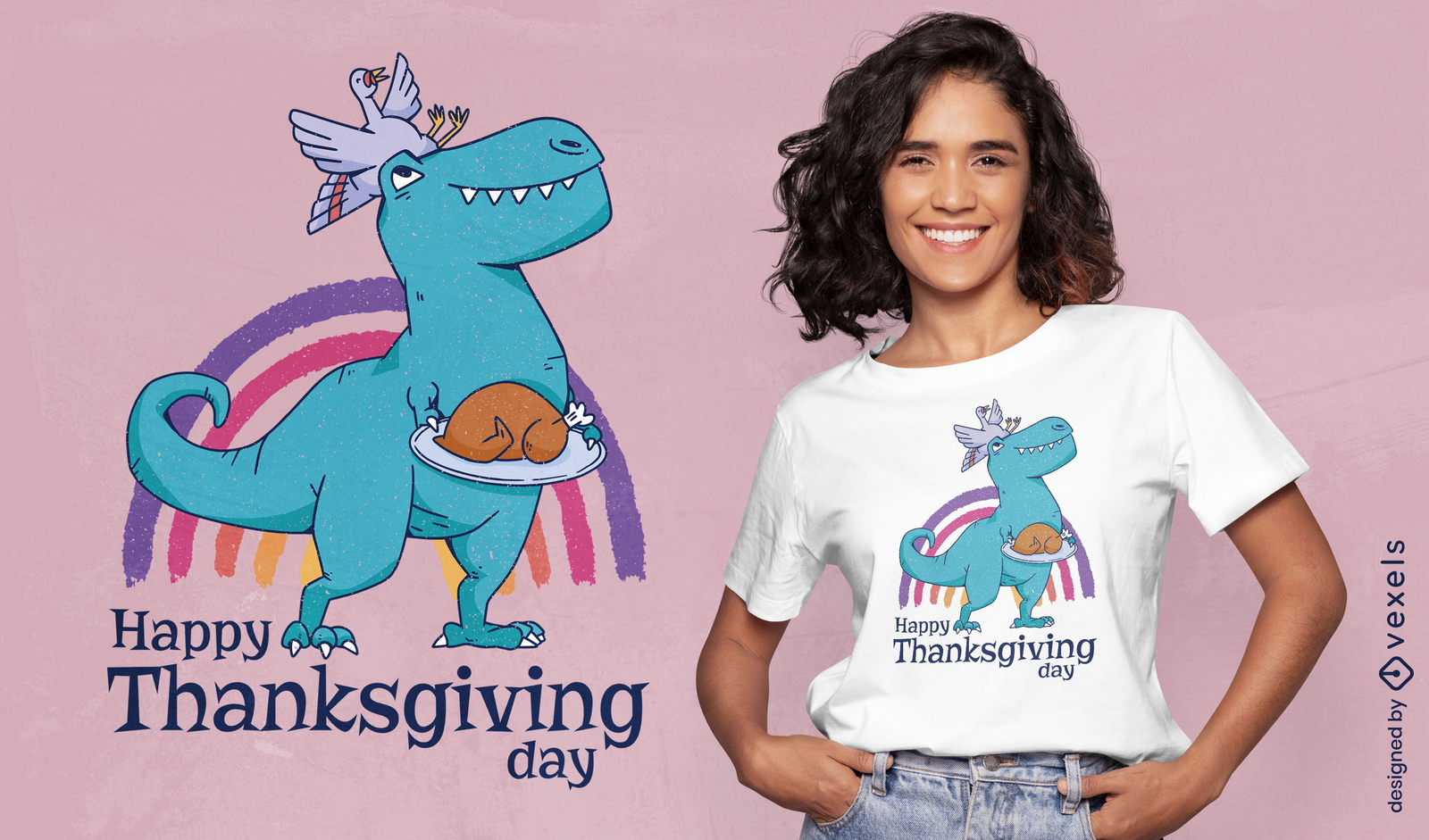 Diseño de camiseta de acción de gracias de dinosaurio y pavo.