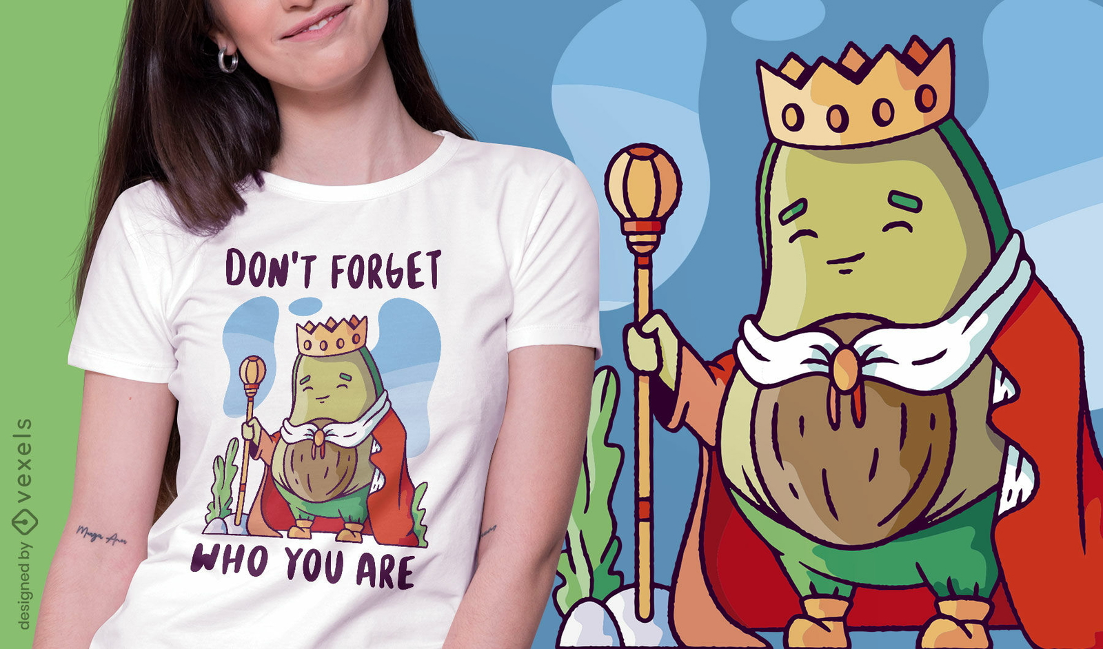 Diseño de camiseta de rey aguacate medieval.