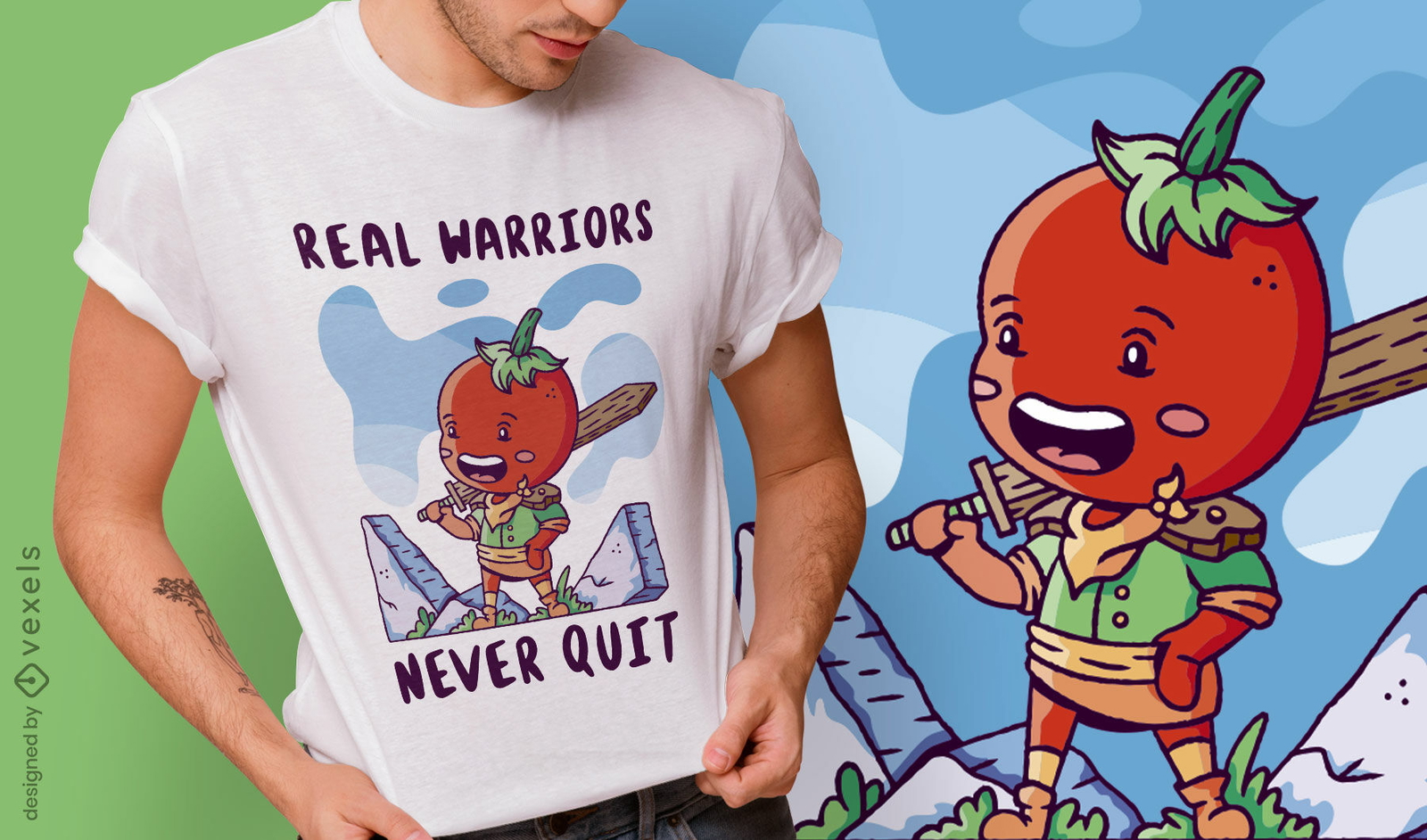 Diseño de camiseta de personaje de caballero de tomate medieval.